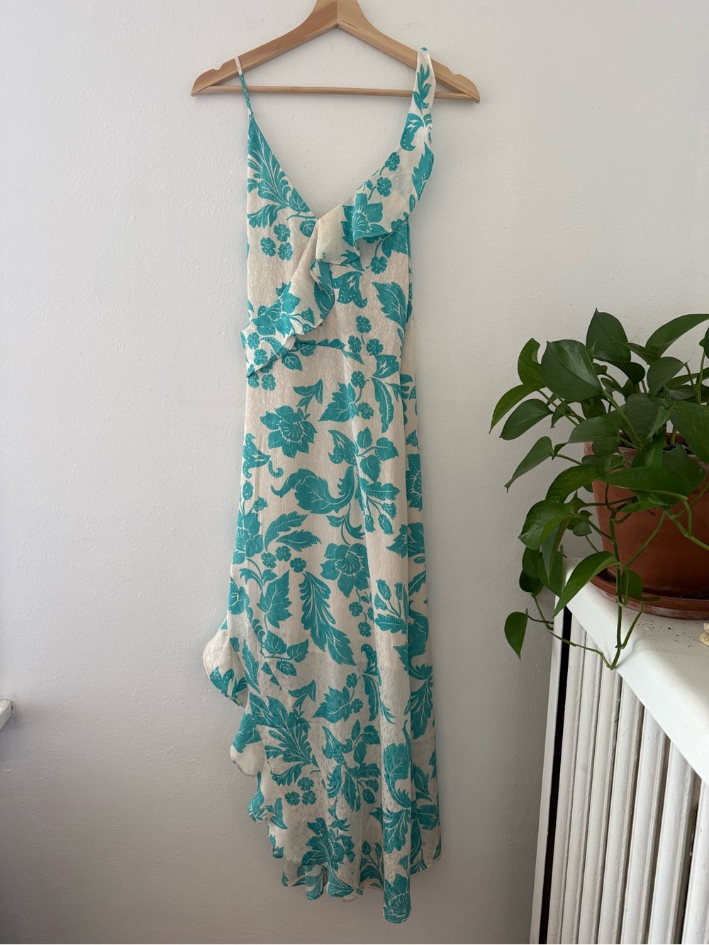 Mango Teal Floral Ruffle Slip Maxi Dress on Cream